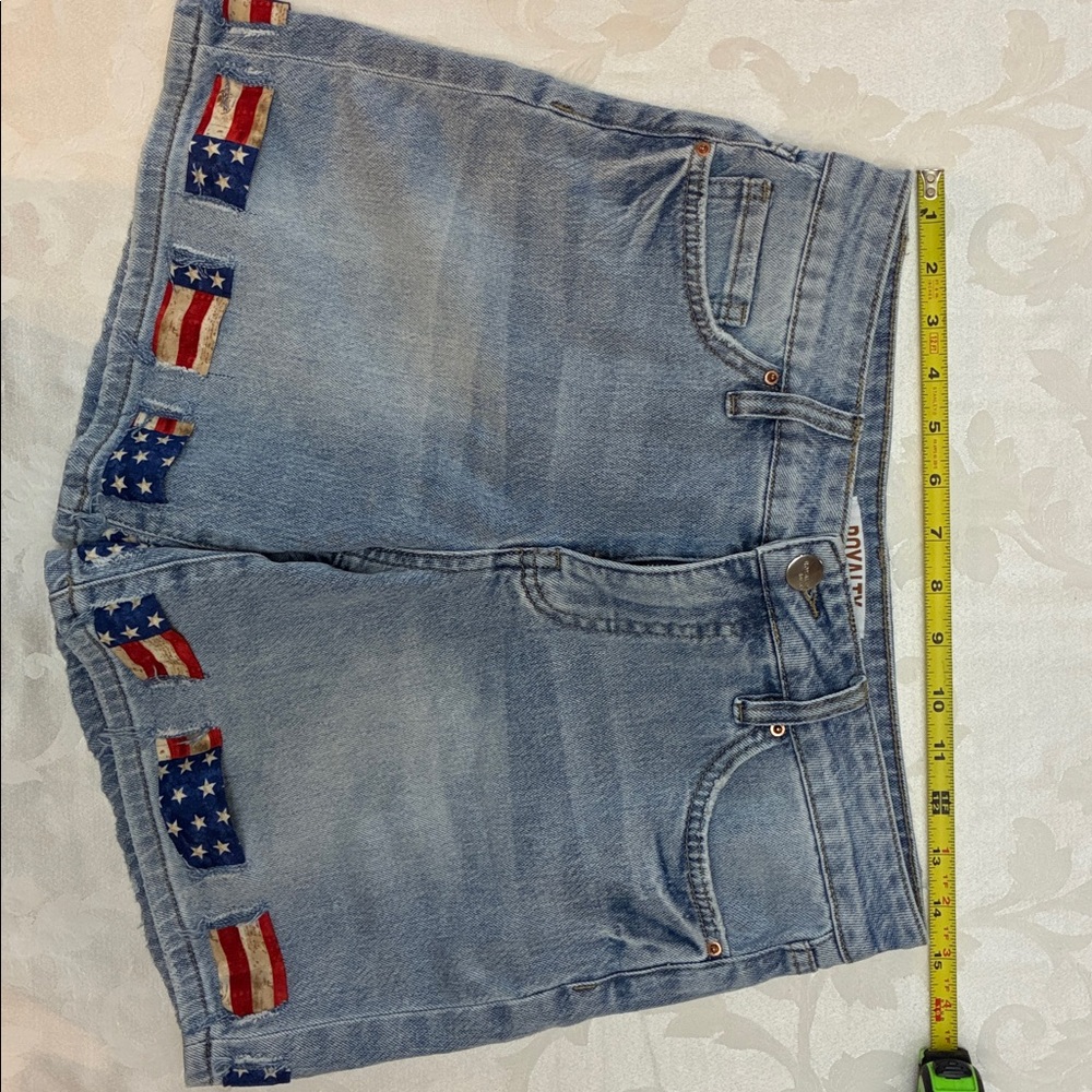 Women’s Royalty For Me Light Blue Denim Shorts with Flag Patch Detail, Size 4 - Picture 4 of 9